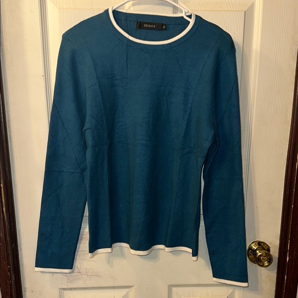 ZESICA COLOR
BLOCK BASIC CASUAL
KNIT PULLOVER
SWEATER size L Teal & White